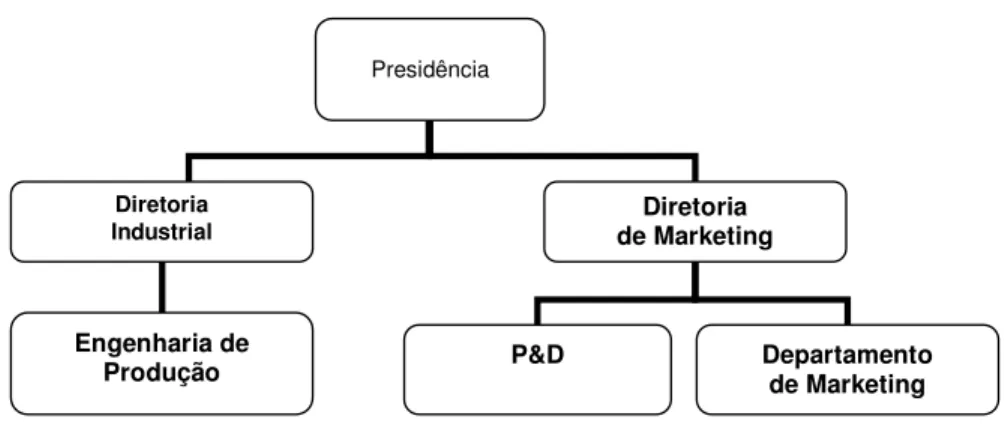 Figura 4:  Simplificação do organograma atual da empresa, ilustrando as áreas com maior influência sobre o design 