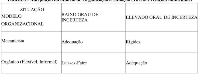 Tabela 3 -  Adequação do Modelo de Organização à Situação (Tarefa e relações ambientais) 