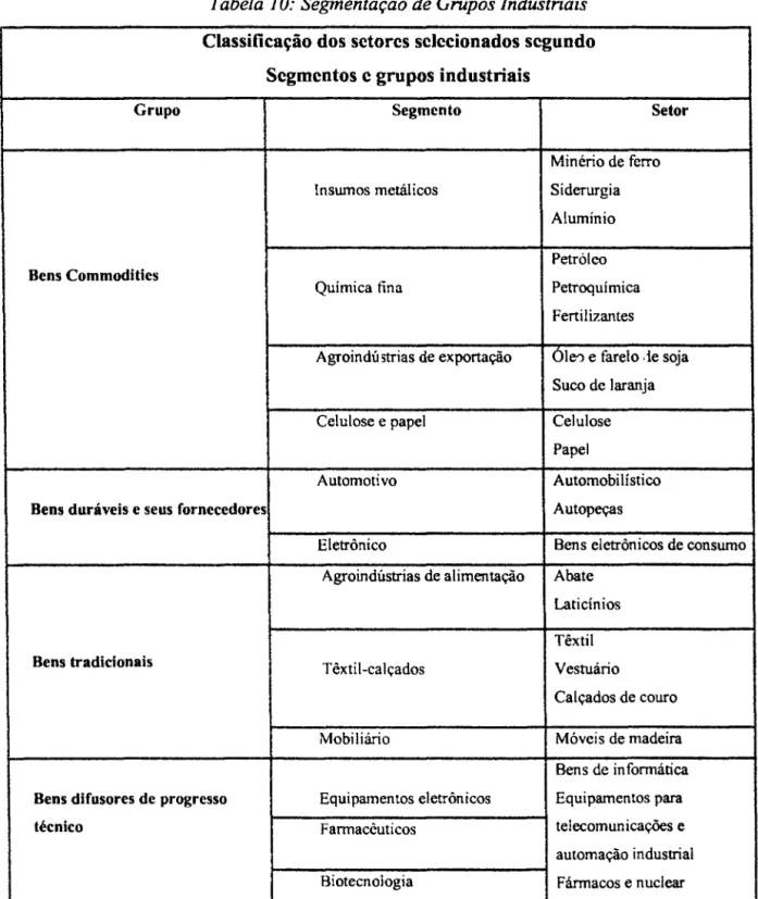 Tabela  10: Segmentação de Grupos Industriais 