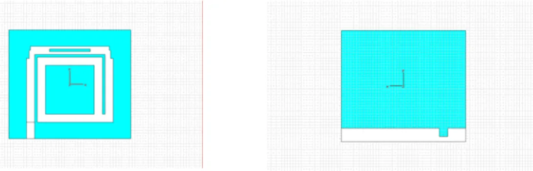 Fig. 4.11: Antena em forma de @ com dentes laterais e fenda na haste superior.  Para dimensionar a largura e comprimento da fenda, utilizou-se do artifício,  disponível no CST, utilizado nas simulações, de variar uma dimensão da estrutura, no caso  a largu