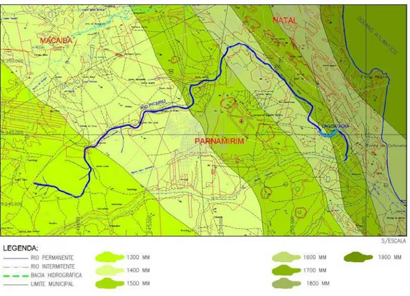 Figura 6 - Mapa de isoietas anuais para a bacia do rio Pitimbu  Fonte: SERHID, 2006 