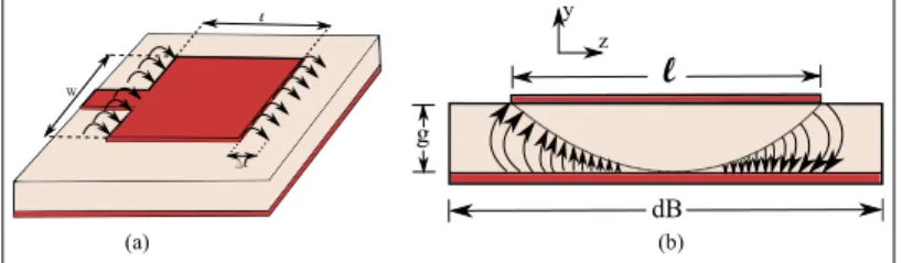 Figura 2.13: Modelo da linha de transmiss˜ao: (a) efeito franja com um incremento ∆l; (b) distribui¸c˜ao do campo el´etrico ao longo da antena.