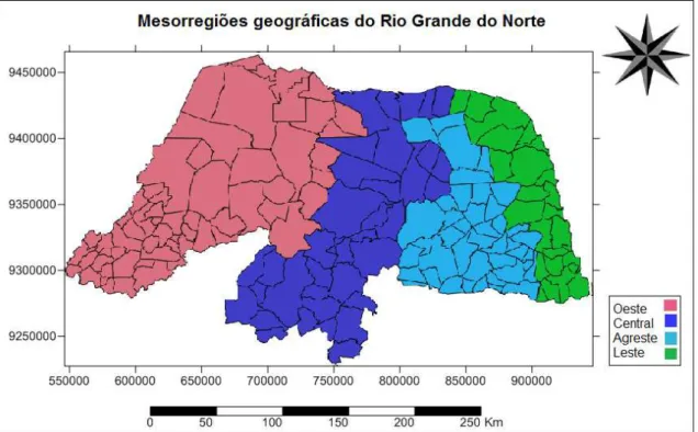 Figura 1  – Mesorregiões do Estado do Rio Grande do Norte. Fonte: Elaborado pela   pesquisadora