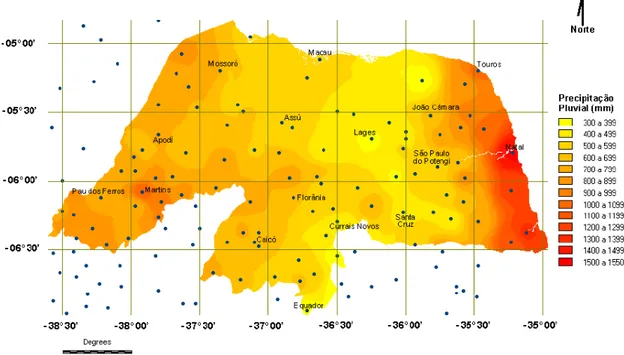 Figura 5  – Variação espacial da média pluvial anual do RN. Fonte: Alcindo Filho, 2005.