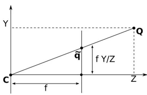 Figura 3.6: Corte lateral do processo de projeção em perspectiva mostrando o plano Y −Z