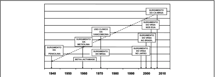 Figura 2 – Surgimento de alguns antibióticos e cepas resistentes do S. aureus nos séculos XX e XXI