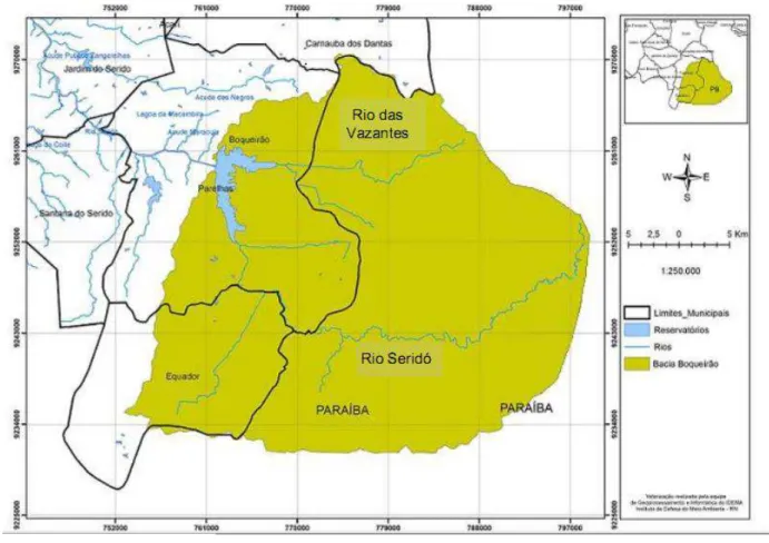 Figura  1.  Bacia  do  reservatório  Boqueirão  Parelhas,  em  coloração  verde,  destacando-se  as  duas principais sub-bacias, a do rio Seridó e do rio das Vazantes