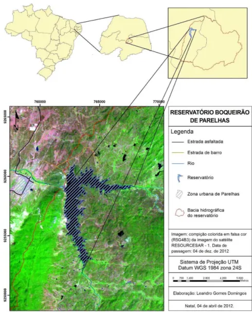 Figura  2.  Mapa  de  localização  da  bacia  hidrográfica  do  reservatório  Boqueirão  de  Parelhas/RN  no  Brasil  e  no  estado  do  Rio  Grande  do  Norte  (Fonte:  Projeto  MEVEMUC);  à  esquerda a área achuriada em coloração lilás corresponde á cida
