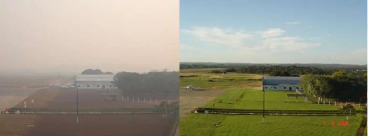 Figura 1 – À Esquerda vista ao norte da torre do aeroporto de Alta Floresta em agosto de 2005  e a direita a comparação com o mês de junho de 2006 