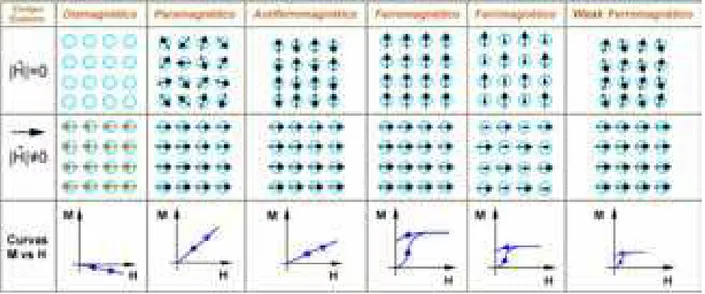Figura 2.6: Orientação dos dipolos magnéticos na ausência e presença de campo magnético externo em temperatura ambiente e Curvas de M vs
