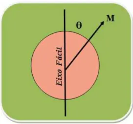 Figura 1.12: Magnetização de uma partícula esférica fazendo um ângulo θ com o eixo de fácil magnetização