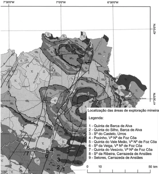 Fig. 2 – Localização das explorações auríferas na Carta Geológica de Portugal,   à escala de 1: 1 000 000 (LNEG, 2010).