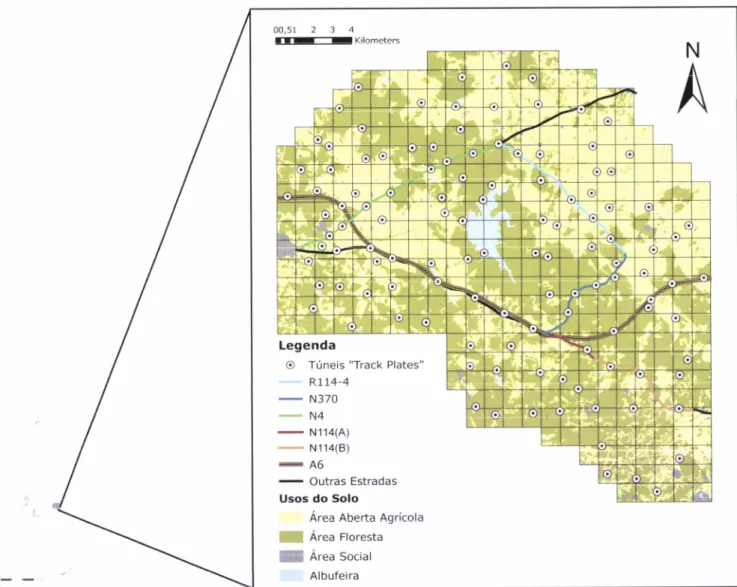 Figura  1. Área  de  Estudo  -  usos  do  solo, estradas e  localização  das  track  plates