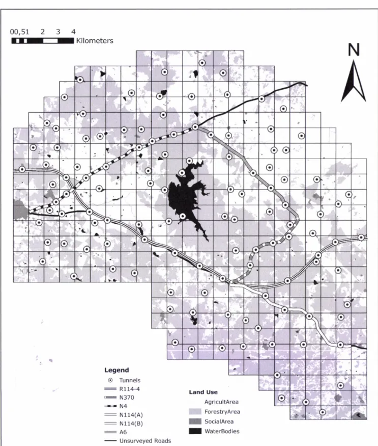 Figure  1.  Study  area location.  Surveyed  roads  and track  plate tunnel  locations  are  also  indicated