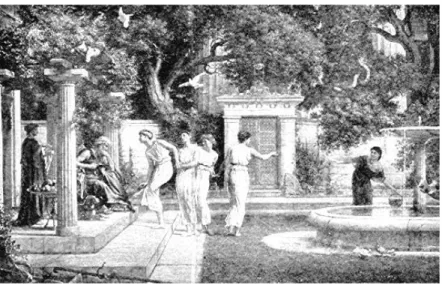 Figura 5 - Representação de um jardim  grego com uma fonte e as árvores de  sombra no espaço contido (Haaren 2012,  p.157)