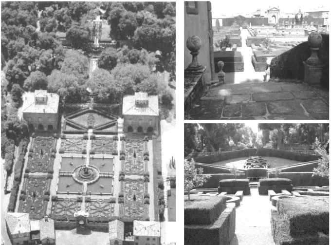 Figura 9 - Vista aérea da Villa Lante, em Bagnaia, com o primeiro plano a partir dos parterres e da Fonte Mora (Kluckert 2000)