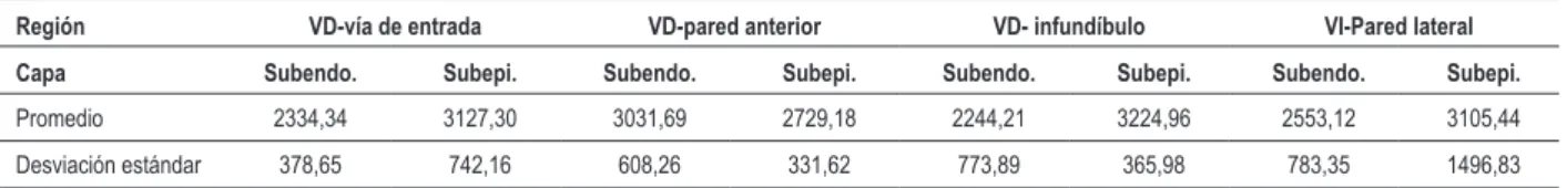 Tabla 3 – Análisis descriptiva de los valores de densidad capilar (Nº. capilares/mm² de cardiomiocitos) en cada región y capa muscular de los  especímenes provenientes de pacientes con grupo de edad menor que 9 años