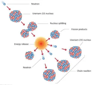 Figura I.3: Reacção em cadeia do  235 U provocada pelo bombardeamento com neutrões (Nuclear Power  for Everyone, www.nuclear-power.net)