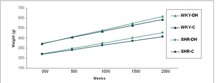 Figure 1 - Linear regression models of body weight values in different weeks; 0W: initial moment; 5W: 5 th  week; 10W: 10 th  week; 15W: 15 th  week; 20W: 20 th  week.