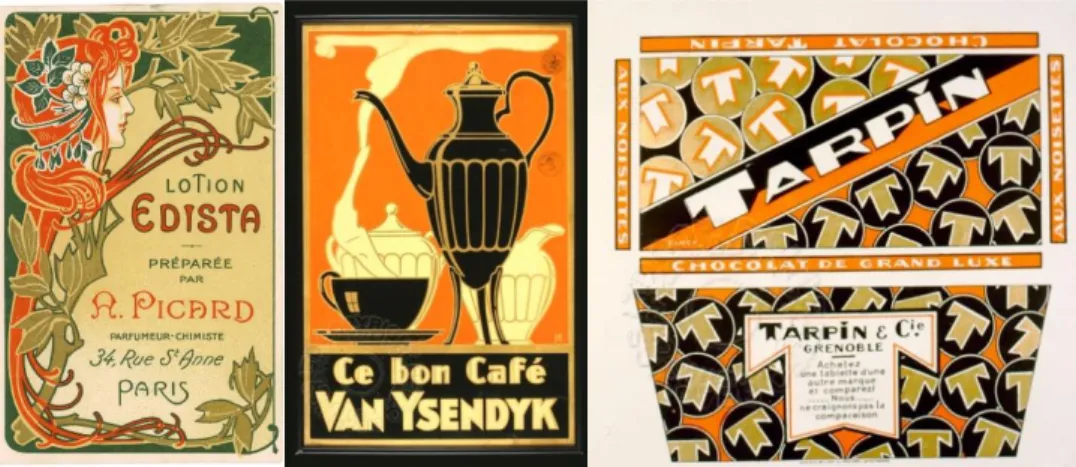 Figura 3. Embalagens de produtos do início do século XX nos estilos Art Nouveau e Art Déco.