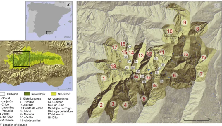 Fig. 1. (a) Location of Sierra Nevada within the Iberian Peninsula, (b) location of the study area within the protected environments in this massif, and (c) distribution of the studied valleys within the National Park of Sierra Nevada.