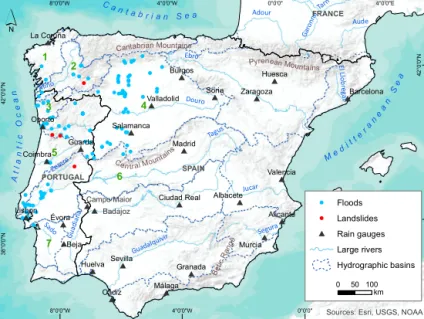 Figure 1. Study area and flood and landslide DISASTER cases from 20–28 December 1909 event over Iberia