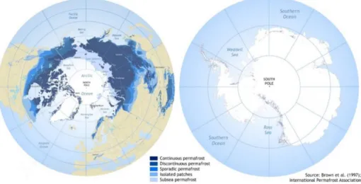 Figure 1 represents the distribution of different types of permafrost in both South and North  hemispheres