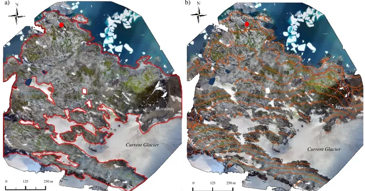 Figure 16. Cierva Point study area. a) Orthomosaic with indication of the ice-free terrains analysed in the modelling (red  line), b) Contour lines with altitude in meters (source: mosaic from UAV aerial imagery