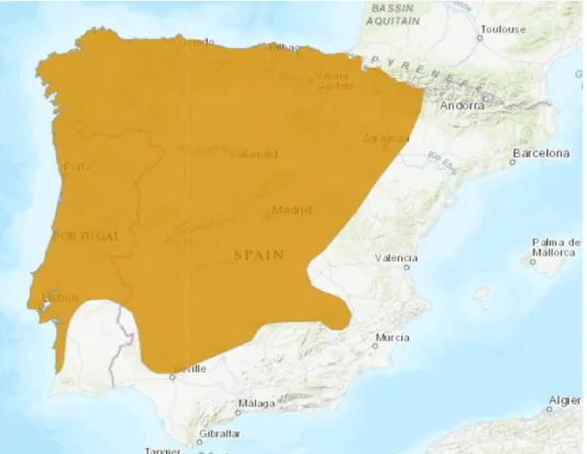 Figure 3.1- Hyla molleri distribution range and climate influence on the Iberian Peninsula