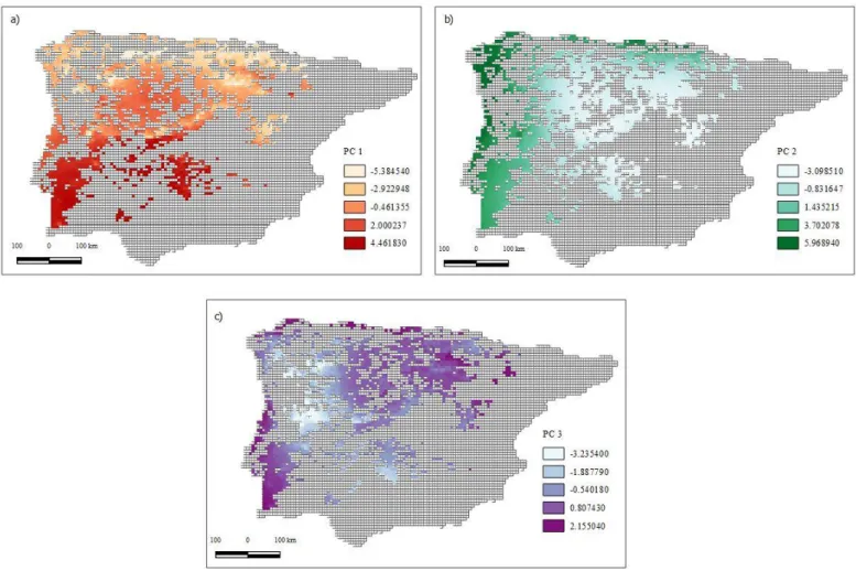 Figure 4.3 - Cluster Dendogram based on Mahalabonis distances showing relationships among climatic clusters  Figure 4.2 -  First three PCs values across the species distribution