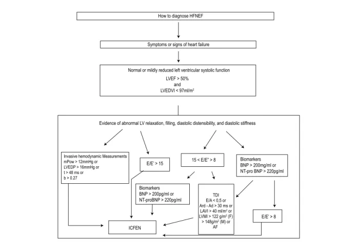 Figure 3 –  How to diagnose HFNEF – lowchart; mPCW – mean pulmonary capillary wedge pressure; t – time constant of LV relaxation; b – constant of LV chamber  stiffness; E – early mitral valve low velocity; E’ – Early TD lengthening velocity; NT-proBNP – N-