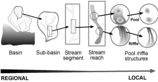Figure 1.1 Representation of the hierarchical spatial structures (landscape and habitats) found at streams  across spatial scales