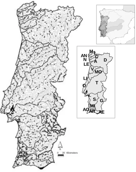 Figure 1. Location sampling records of the primary freshwater fishes. The data set was extracted from the InFISH.PT  database and records obtained by electrofishing captures (2345 samplings at 1199 sites; see Table 1 for river basin  codes)