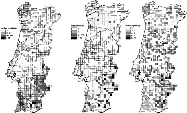 Figure 3. Database records for each 10*10km UTM grid cell on sampling coverage: number of samplings (a) and  sites (b)), and on observed species richness (c)