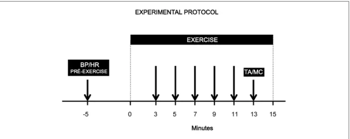 Figure 1 -  Experimental protocol. The irst arrow represents the measurement of BP and HR before the start of the exercise; the following arrows represent the moments  in which the BP was measured by the digital sphygmomanometer and the last arrow represen