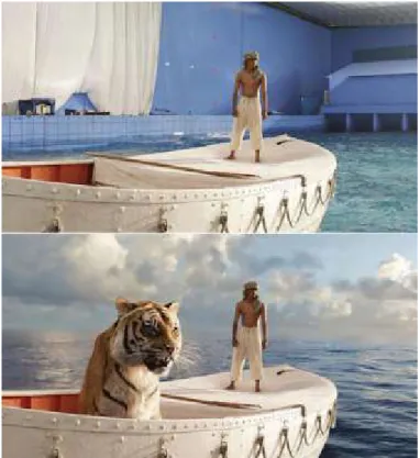 Fig. 2 - Life of Pi (2012) screen capture, before and after VFX 
