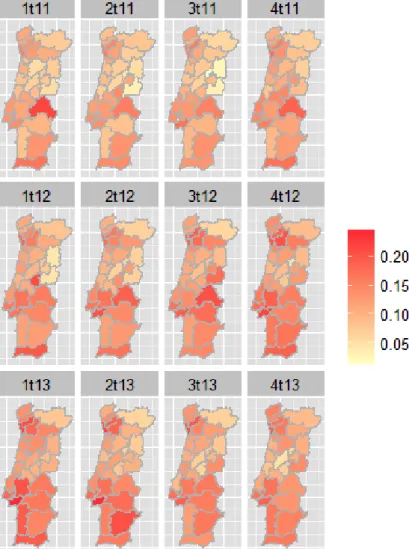 Figure 2.2: Spatial and temporal distribution of the unemployment rate observed in the sample of the Portuguese Labour Force Survey.