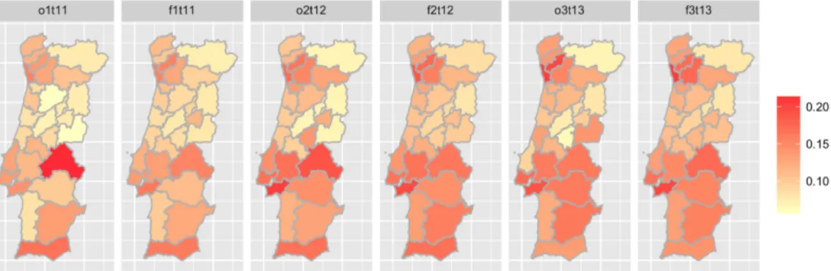 Figure 2.4: Maps of observed and fitted values of the unemployment rate for the 1st quarter of 2011, 2nd quarter of 2012 and 3rd quarter of 2013.