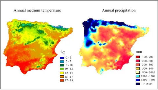 Fig.  3  Distribution  of  annual  medium  temperature  and  annual  precipitation  in  the  Iberian  Peninsula  according to measures recorded from 1950 to 1999