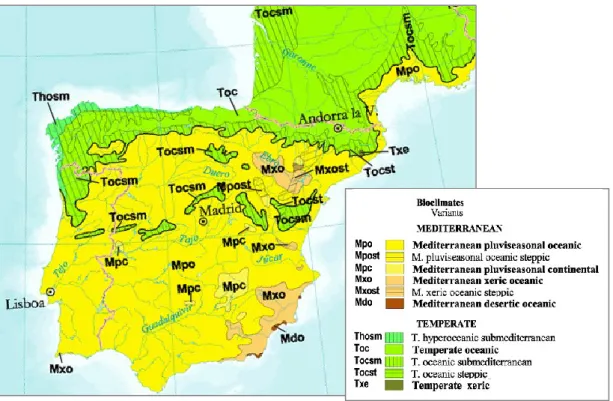Fig. 4 Bioclimatic map of the Iberian Peninsula and south of France (adapted from Rivas-Martínez  et al