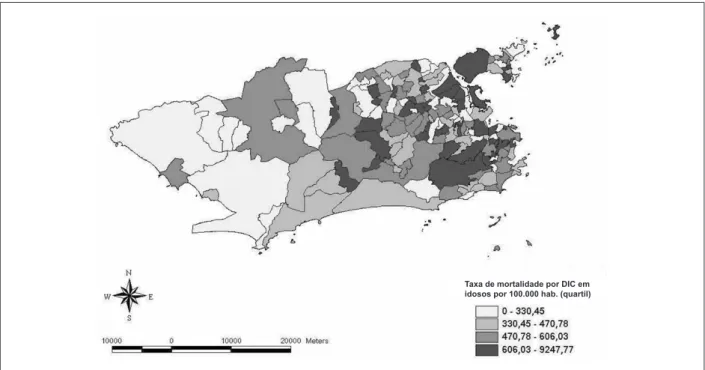 Figure 2 shows the spatial distribution of the IHD mortality  rate  in  the  elderly,  by  district,  standardized  by  gender  and  age group, classified by quartiles