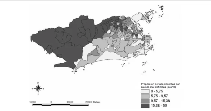 Fig. 3 - Distribución espacial de la proporción de causas mal deinidas en el municipio de Rio de Janeiro en 2000.