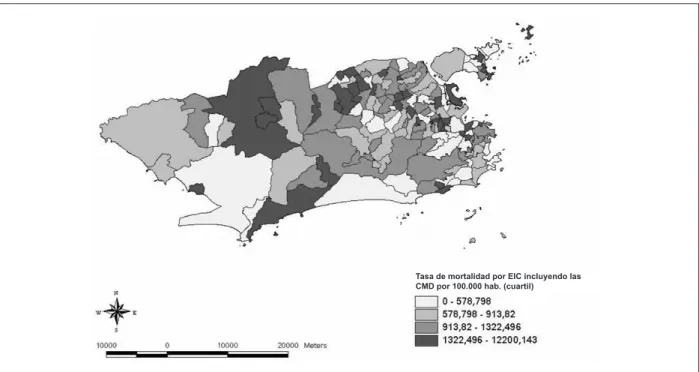 Fig. 5 - Distribución espacial de la tasa de mortalidad por EIC en adultos mayores incluyendo las causas mal deinidas (CMD) en el municipio de Rio de Janeiro en 2000.