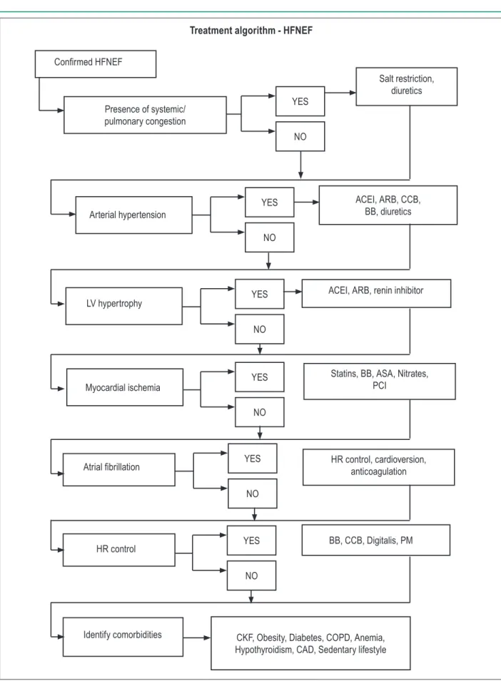 Figure 5 - Treatment algorithm; HFNEF – heart failure with normal ejection fraction; ACEI - angiotensin-converting enzyme inhibitor; ARB - angiotensin receptor blocker; 