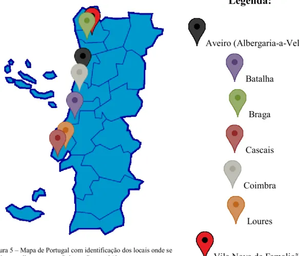 Figura 5 – Mapa de Portugal com identificação dos locais onde se  realizaram diretos para a Crónica Criminal (durante a semana em  estudo) 28