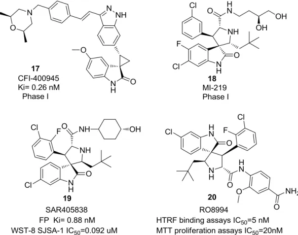 Figure 1.9 - Different spirooxindoles 17-20 with different activity against cancer. 