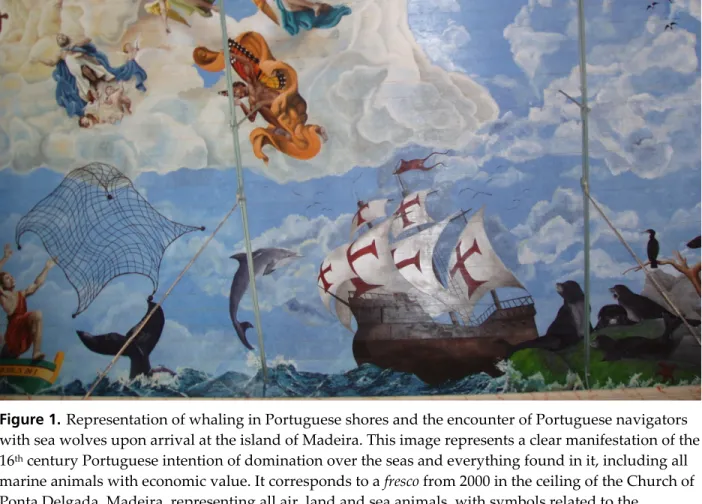 Figure 1. Representation of whaling in Portuguese shores and the encounter of Portuguese navigators  with sea wolves upon arrival at the island of Madeira