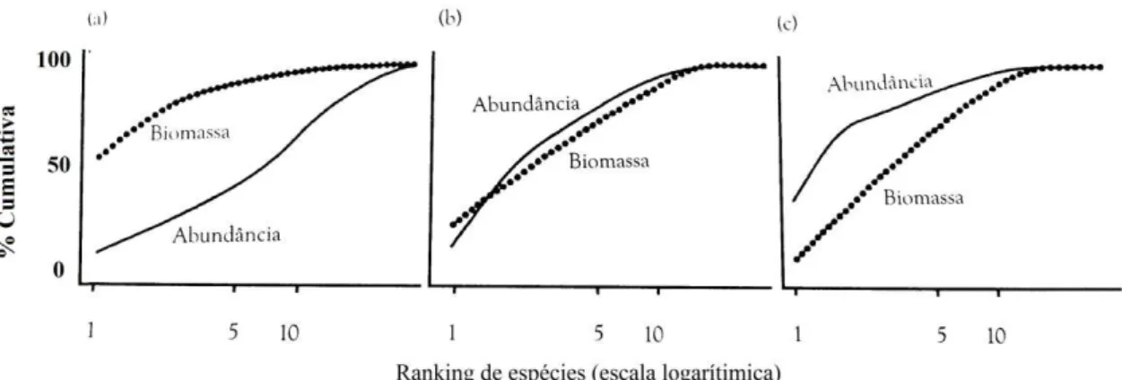 Figura 2- Curvas ABC mostrando as curvas de k-dominância esperadas comparando biomassa  e número de indivíduos ou abundância em condição (a) &#34;não impactado&#34;, (b) moderadamente  impactado&#34; e (c) &#34;fortemente impactado&#34;