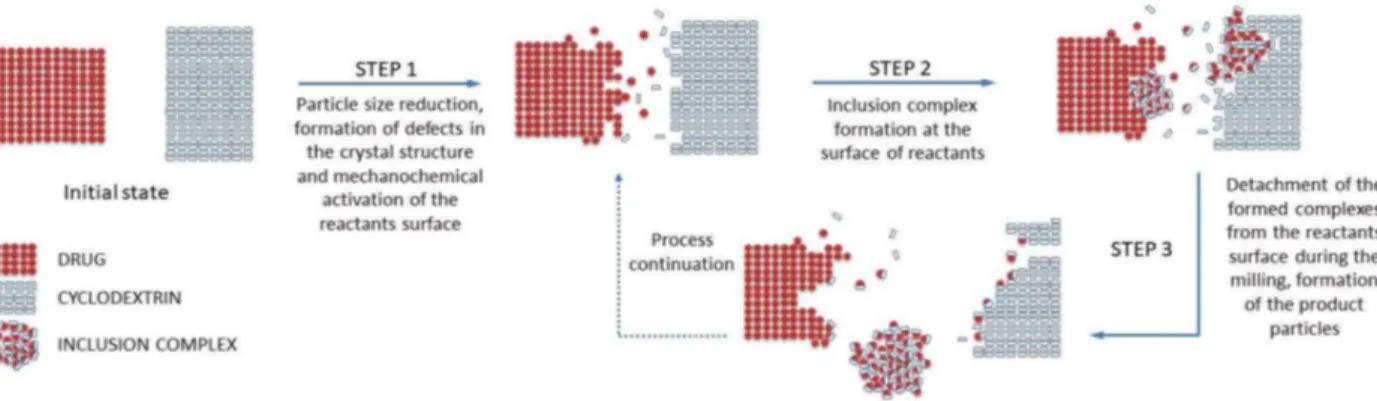 Figure 4- Schematic representation of the inclusion complex formation process in the solid state, adapted from (30)