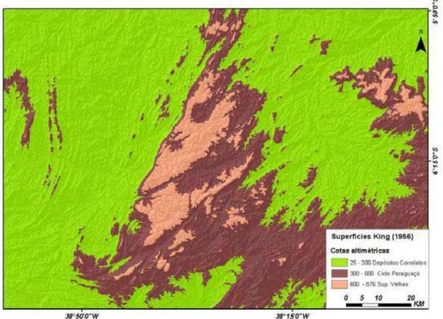 Figura 4: Modelo tridimensional de elevação feito através de imagem  SRTM na área do Maciço Pereiro segundo a classificação de 